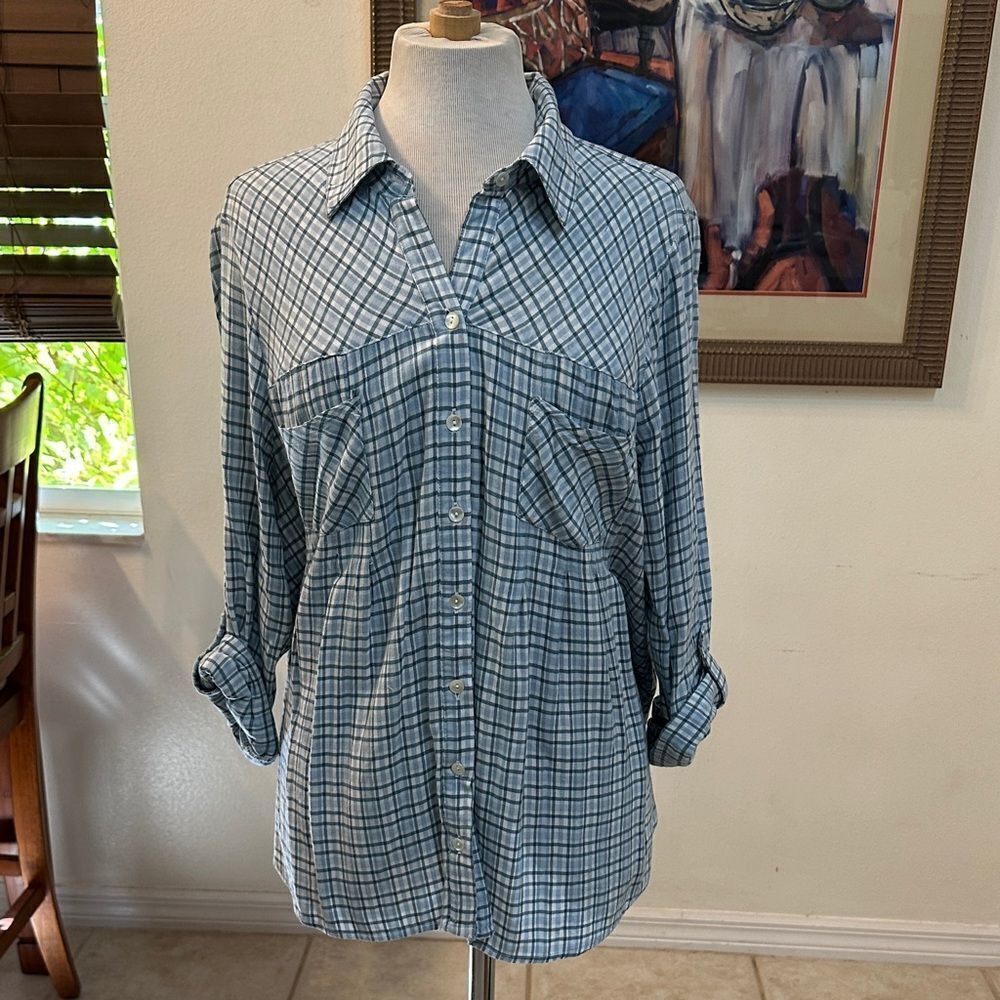 Style & Co. Top- Blue Plaid Button-Down Shirt w/ Roll Button Sleeves Size PXL